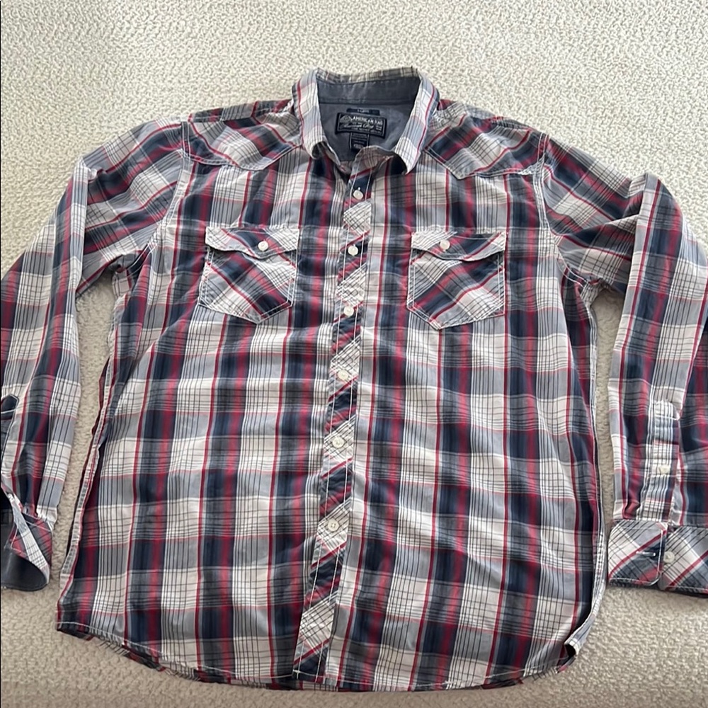 American Rag - Men's Plaid Shirt - Blue, Red and White - size L